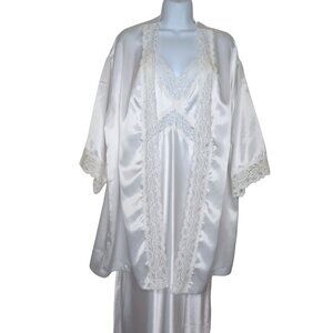 Vintage 80s White Lace Satin Slip Nightgown Robe Peignoir Set Wedding Honeymoon